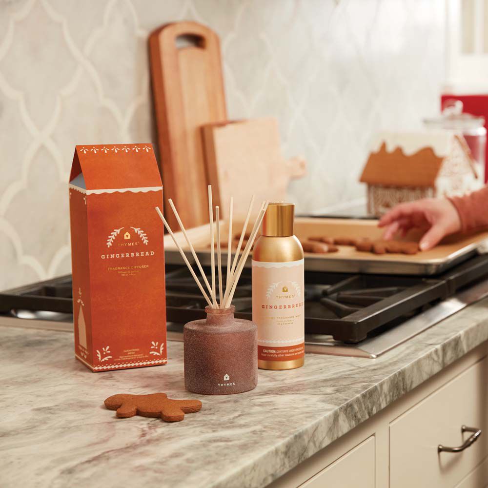 Thymes Gingerbread Petite Reed Diffuser is a Holiday Fragrance featured on kitchen countertop image number 2